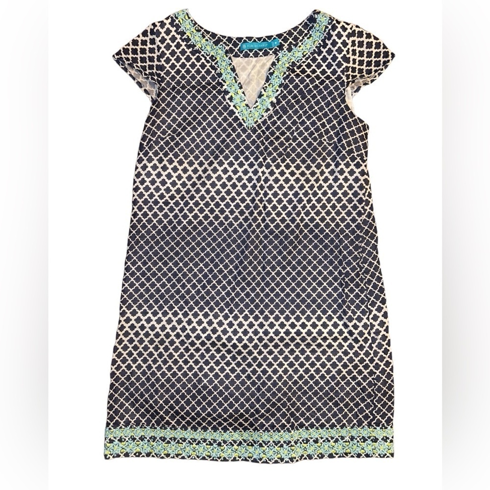 Tori Richard Geometric Art  Sundress Vacation Size 8 Blue Green Embroidery